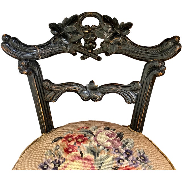 Albert Hadley Antique 19th Century Hand-Carved Ebonized Faux Bois Aesthetic Movement Boudoir Vanity Side Chair With Floral Needlepoint Seat For Sale - Image 4 of 16