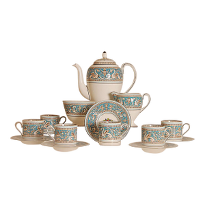 English Wedgwood Tea Set Etruscan Empire Style Bone China Porcelain Turquoise Pattern- 15 Pieces