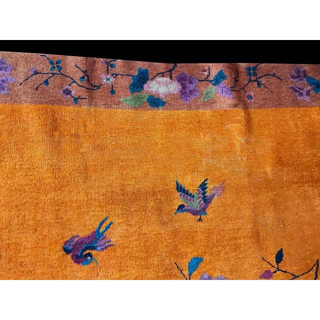 1920s Orange Scene Floral Antique Chinese Art Deco Rug 6'0" X 8'8" Knotted Wool Carpet For Sale - Image 4 of 9