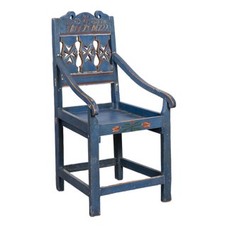 Original Blue Painted and Carved Swedish Chair, Dated 1722 For Sale