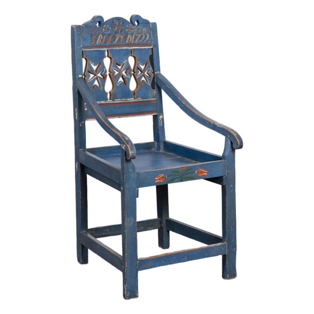 Original Blue Painted and Carved Swedish Chair, Dated 1722 For Sale