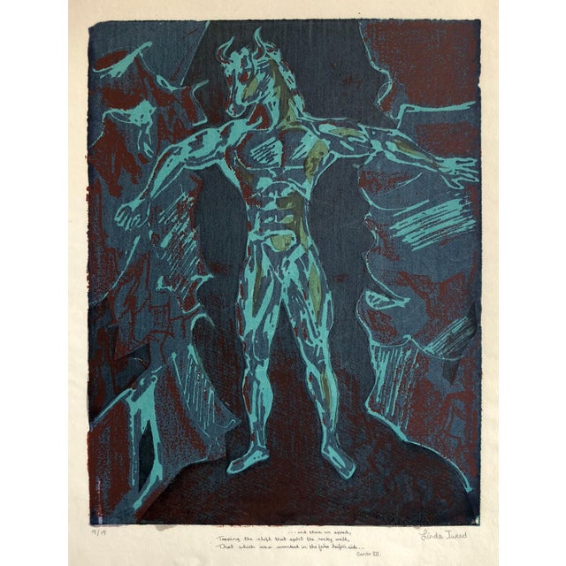 Vintage Vibrant Mod Mythological 1960's Psychedelic Woodblock Woodcut Print, c.1960-1970s For Sale