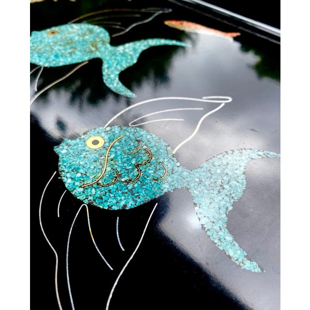 Vintage Couroc of Monterey Turquoise Angel Fish Tray With Genuine Abalone and Seaweed Inlay For Sale - Image 4 of 14