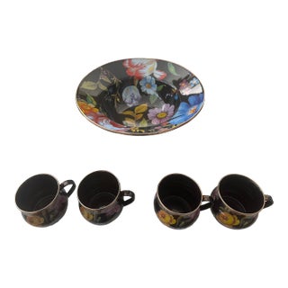 MacKenzie-Childs 4 Hand-Decorated Stainless Steel Flower Market Mugs With MacKenzie-Childs Flower Market Serving Bowl - Set of 5 For Sale