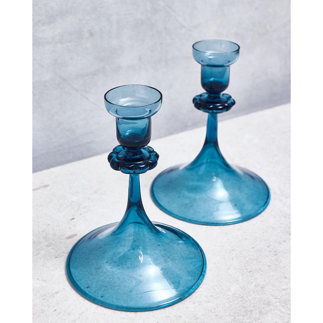Mid Century Blue Glass Orrefors Swedish Candlestick Pair For Sale - Image 12 of 15