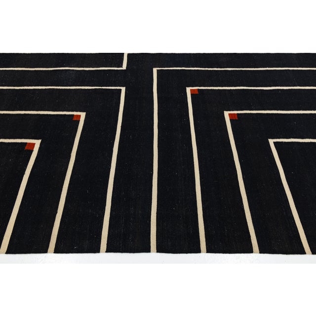Modern Geometric Kilim Wool Rug With Architectural Line Art & Crimson Accents For Sale In New York - Image 6 of 12