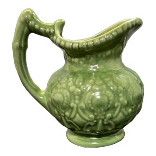 Vintage Mid Century Modern Camark Pottery Sage Green Ornate Pitcher 6" For Sale