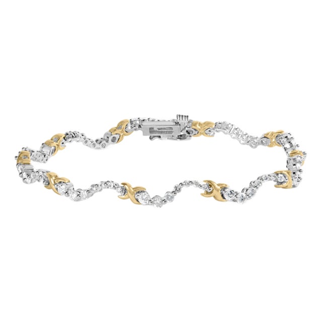 10K Two-Tone 2.00 Cttw Diamond "X" and Wave Link Bracelet (H-I Color, I1-I2 Clarity) - 7" Inches For Sale