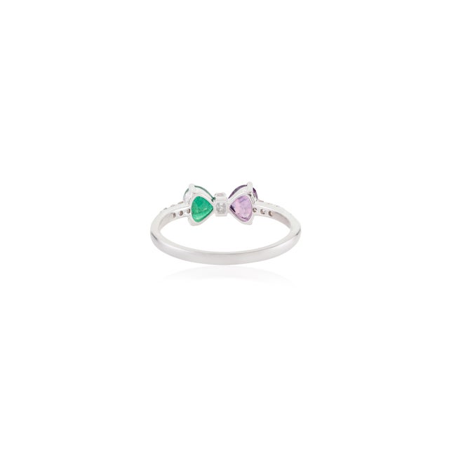 Metal Geometric Emerald Amethyst & Diamond Two Stone Bow Ring Size 5.5 in 14k Gold For Sale - Image 7 of 15
