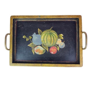 Antique Painted Vegetable Black Gold Wood Brass Tray For Sale