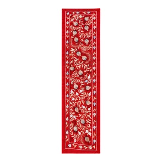 Red Silk Suzani Table Runner With Cream Vine Scrolls For Sale