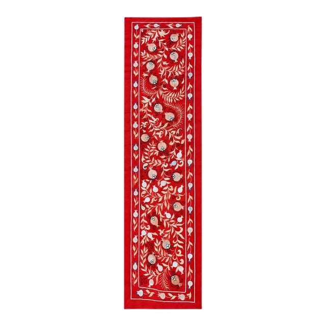 Red Silk Suzani Table Runner With Cream Vine Scrolls For Sale