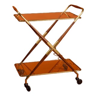 Italian Folding Serving Trolley in Brass with Teak and Glass, 1950s For Sale