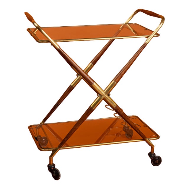 Italian Folding Serving Trolley in Brass with Teak and Glass, 1950s For Sale