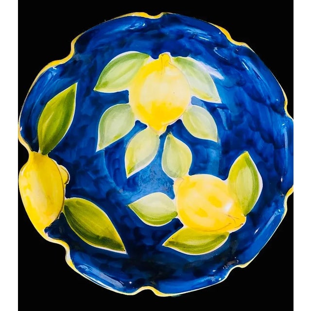 Simply eye catching large hand painted Italian bowl blue background with lemons, Nothing says summer more then this...
