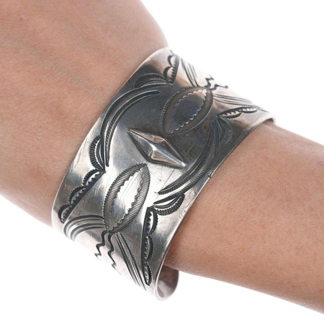 c1930's 6.5" Navao Stamped silver wide bracelet 36mm wide. Nice old bracelet<br>from the second quarter of the 20th...