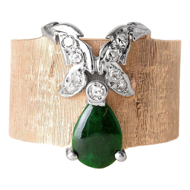 Vintage Midcentury Jade and Diamond Butterfly Wide Band Ring 14k Gold, Size 6.25 For Sale