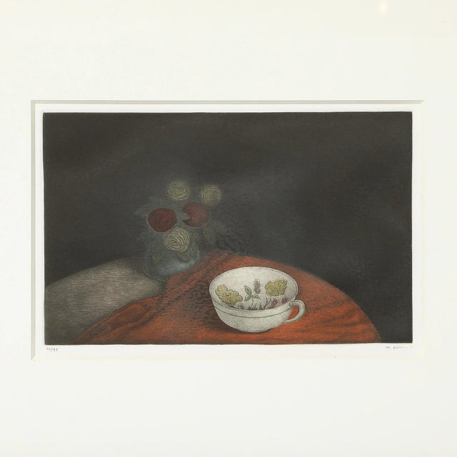 This serene Mid-Century Modernist Mezzotint Still Life by Tomoe Yokoi originates from the United States, Circa 1970. This...
