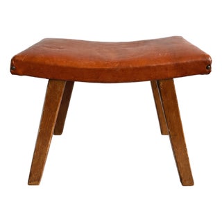 Mid-Century Modern Brutalist Cognac Leather Ottoman, 1960s For Sale