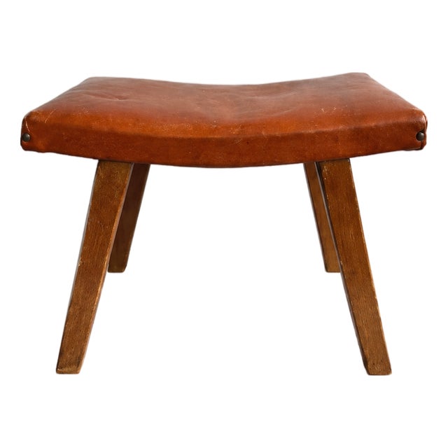 Mid-Century Modern Brutalist Cognac Leather Ottoman, 1960s For Sale