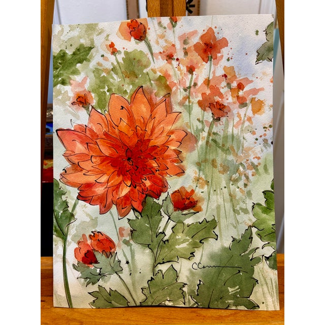 Original watercolor ink and wash painting of Orange Dahlias growing in the artist’s greenhouse, painted on archival...