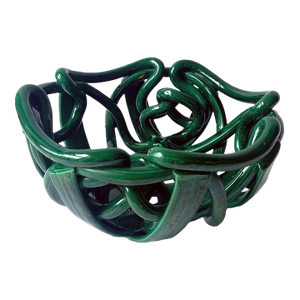 1980s Postmodern Green Ceramic Braided Woven Abstract Centerpiece Bowl