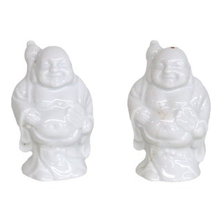 Mid 20th Century White Ceramic Salt and Pepper Shakers 2pc Pair Laughing Buddha Figurines For Sale