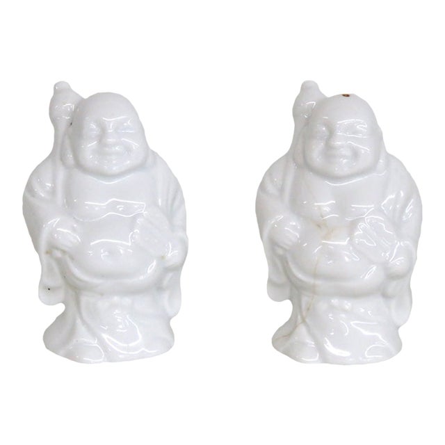 Mid 20th Century White Ceramic Salt and Pepper Shakers 2pc Pair Laughing Buddha Figurines For Sale