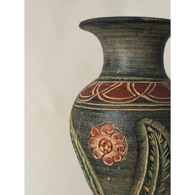 Art Deco Vintage Hand-Painted Folk Art Ceramic Vessel With Lid — Charcoal & Rust, Circa Mid-20th Century For Sale - Image 3 of 6