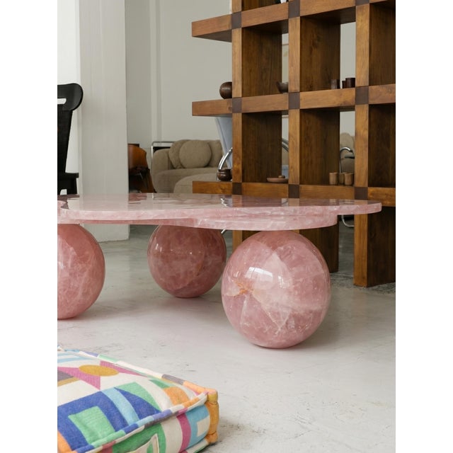 Handcrafted Rose Quartz Organic Coffee Table With Sphere Legs | Sculptural Luxury Stone Table For Sale - Image 4 of 8