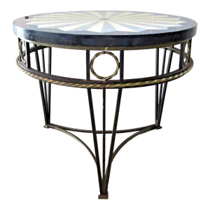 1980s Vintage Hollywood Regency Style Marble Inlay and Iron Accent Side Table Attributed to Maitland-Smith