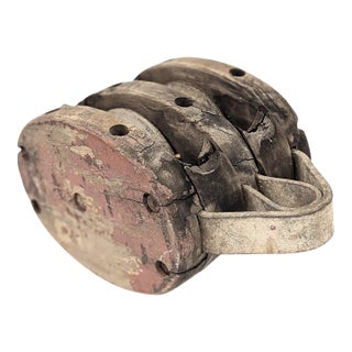 Antique Pulley Block and Tackle Wood and Cast Iron Color Red For Sale