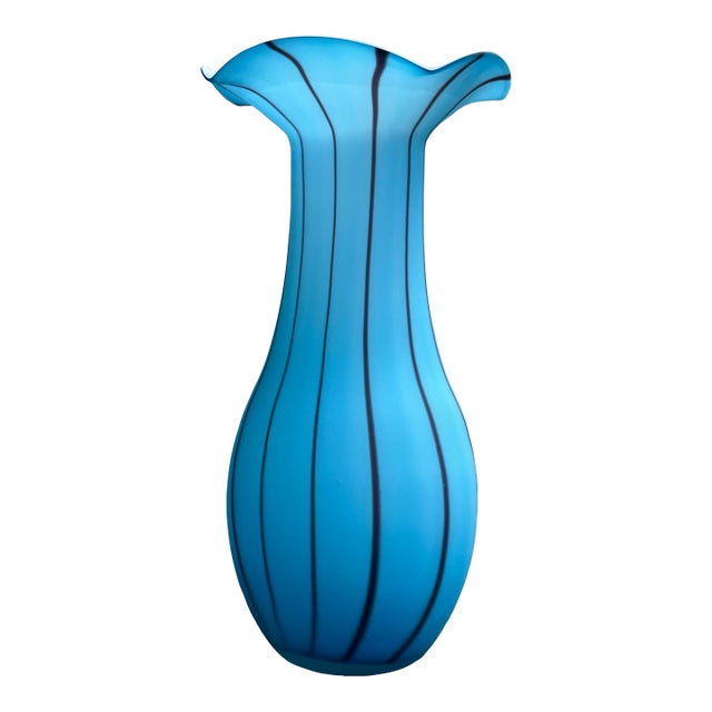 Encased Glass Vase 12” Deep Sky Blue W/Purple Stripes, Elegant Silhouette, Handmade Whimsical For Sale