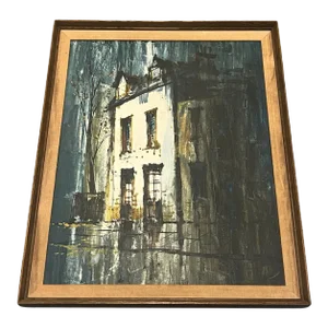 Vintage Mid Century Modern 1960s House Oil Painting French Gaston Pierre Canvas, Framed