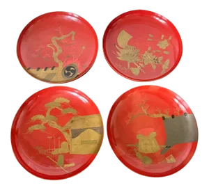 Japanese Maki-e Lacquered Pedestal Dishes - Set of 4