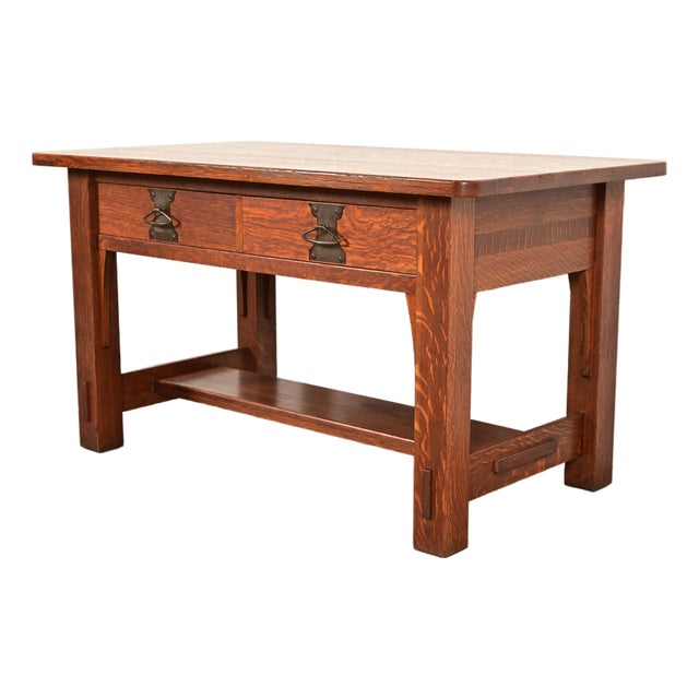 Imperial Furniture Grand Rapids Antique Mission Oak Arts & Crafts Writing Desk or Library Table, Circa 1910 For Sale