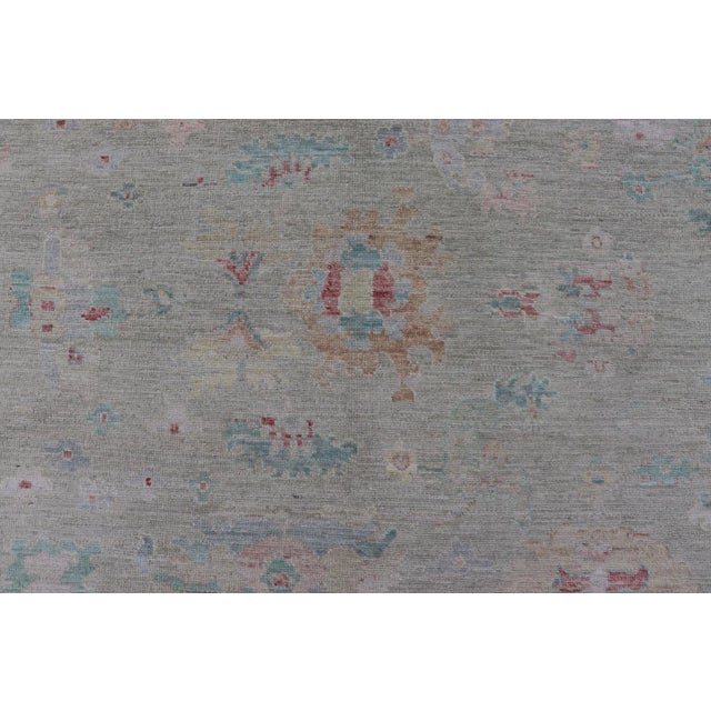 Modern Oushak Floral Motif Design in Light Green Background and Colorful Design For Sale In Atlanta - Image 6 of 12