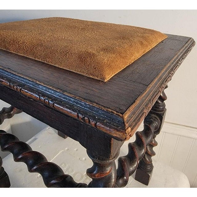 Early 20th Century Barley Twist Bench/ Stool With Leather Cushion For Sale - Image 4 of 6