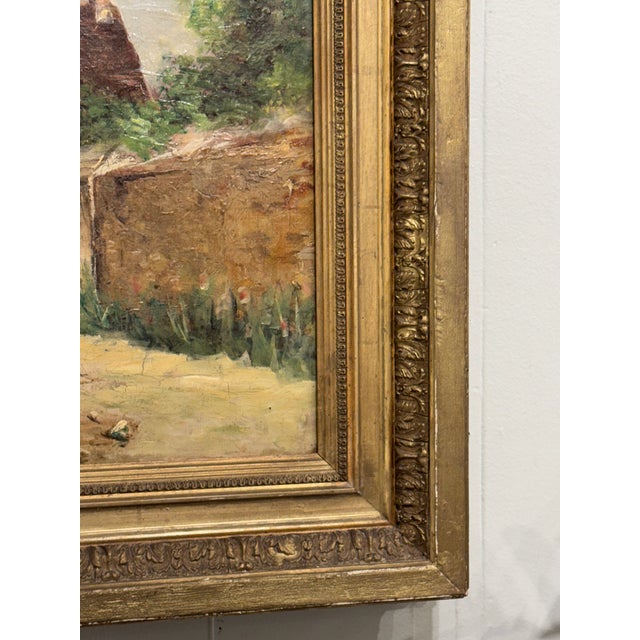 Wood 19th Century French Oil on Canvas Barn and Village For Sale - Image 7 of 14