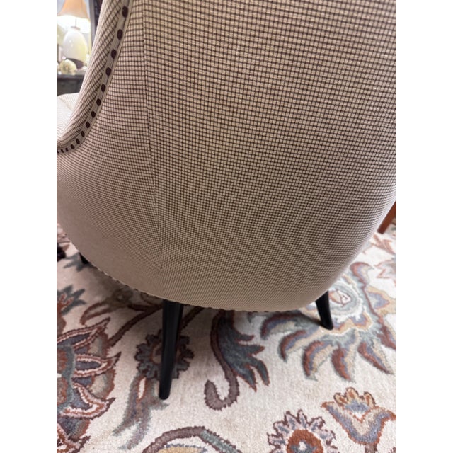 Traditional Custom Curved Barrel Upholstered Accent Chair in Neutral Check Fabric For Sale - Image 3 of 6