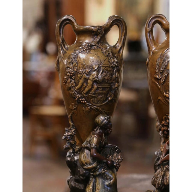French Pair of 19th Century French Verdigris Spelter Harvest Vases Signed Moreau For Sale - Image 3 of 12