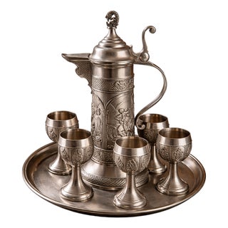Large Pewter Drinking Set with Medieval Reliefs Pitcher, 1990s, Set of 8 For Sale