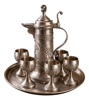 Large Pewter Drinking Set with Medieval Reliefs Pitcher, 1990s, Set of 8