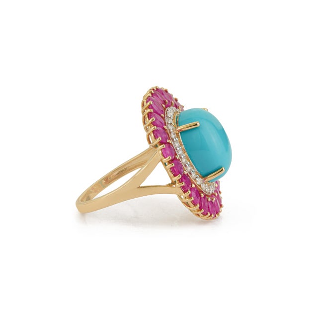 Metal 14k Yellow Gold 9.35ct Cabochon Turquoise Ruby & Diamond Halo Cocktail Ring Size 5.5 For Sale - Image 7 of 18