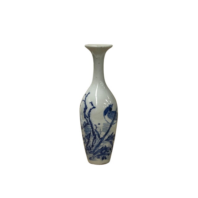 Oriental Small Blue White Flower Bird Graphic Porcelain Art Vase 1 For Sale - Image 4 of 10