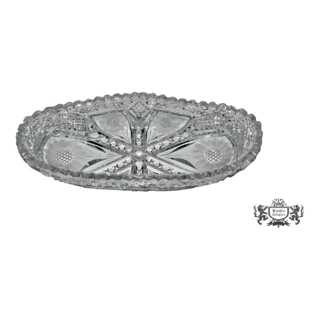 Antique American Brilliant Cut Crystal Oval Dish W/Floral Details For Sale