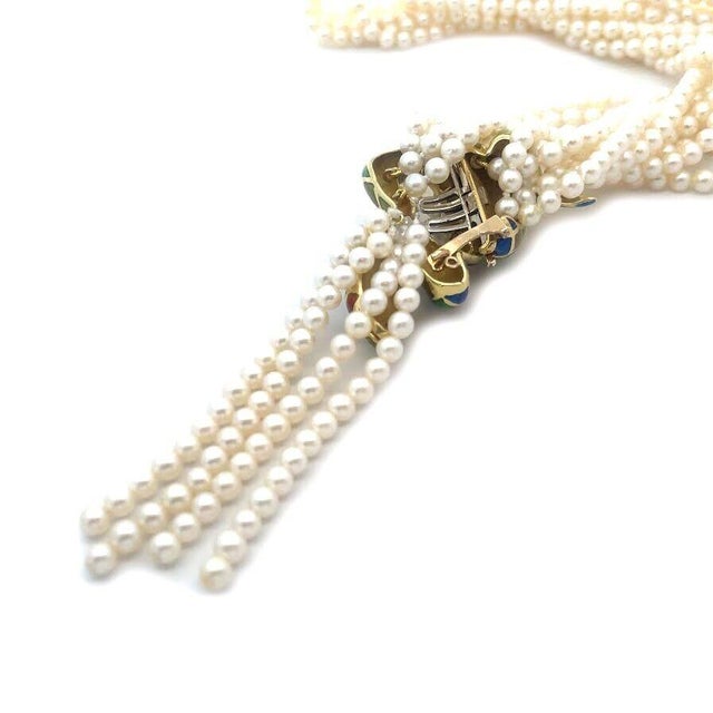 14k Enamel Diamond Snake Pendant 6 Strand Pearls Yellow Gold Necklace For Sale In Miami - Image 6 of 10
