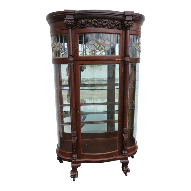 Late 1800s Large Tall Tiger Oak Leaded Stain Glass Curio Cabinet Cupboard 6573 For Sale
