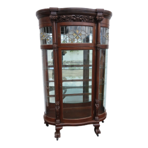 Late 1800s Large Tall Tiger Oak Leaded Stain Glass Curio Cabinet Cupboard 6573