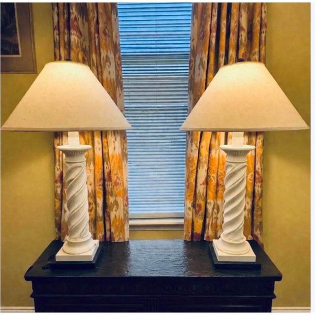 Pair of Neoclassical White Spiral Column Table Lamps, Monumental Scale For Sale - Image 9 of 9